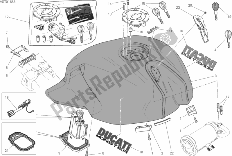 All parts for the Fuel Tank of the Ducati Monster 797 Thailand USA 2018